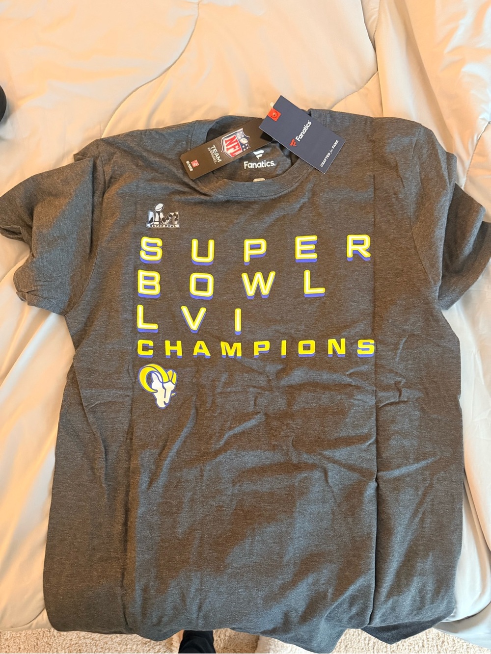 Fanatics LA Rams Gray Super Bowl LVI Champions Tee Yellow/Blue Accents Medium